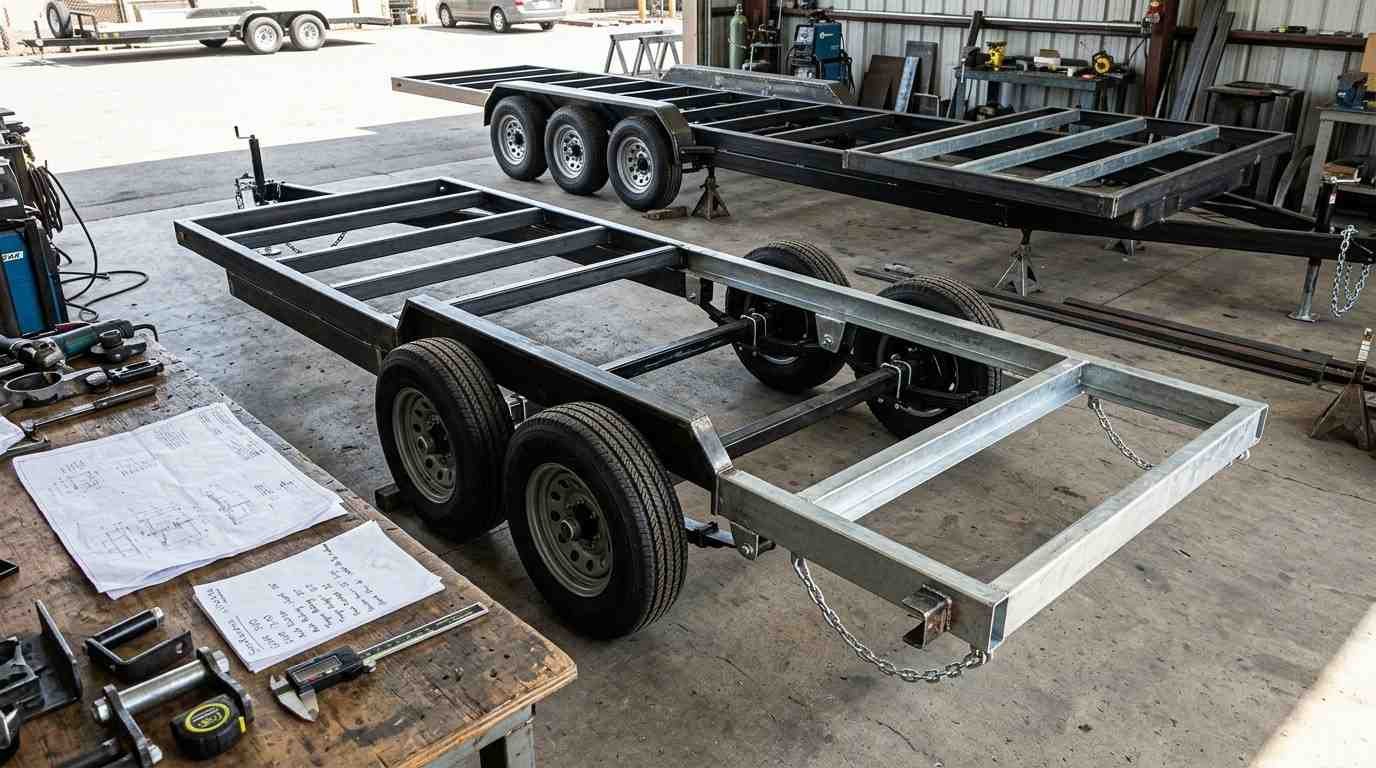 Tiny house trailer chassis showing tandem and triple axles, structural frame, wheel wells, between-wheels floor construction, and load-rating documents.