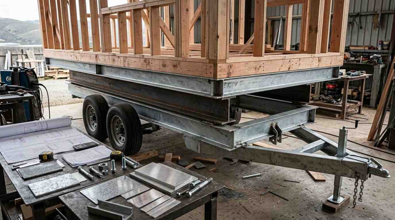 Tiny home trailer chassis with galvanized steel I-beams, tandem axles, structural welds and balanced load placement, illustrating the foundation, corrosion protection and weight capacity of a THOW.