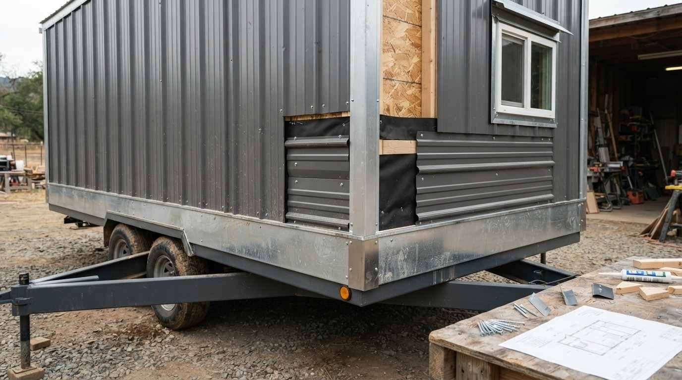 Tiny home on wheels interior featuring lightweight plywood walls, wood accents, luxury vinyl flooring, custom cabinetry, butcher-block countertop, durable finishes, and warm natural lighting.