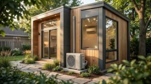 Ductless mini-split heat pump outdoor condenser unit installed next to a modern backyard ADU with visible indoor air handler