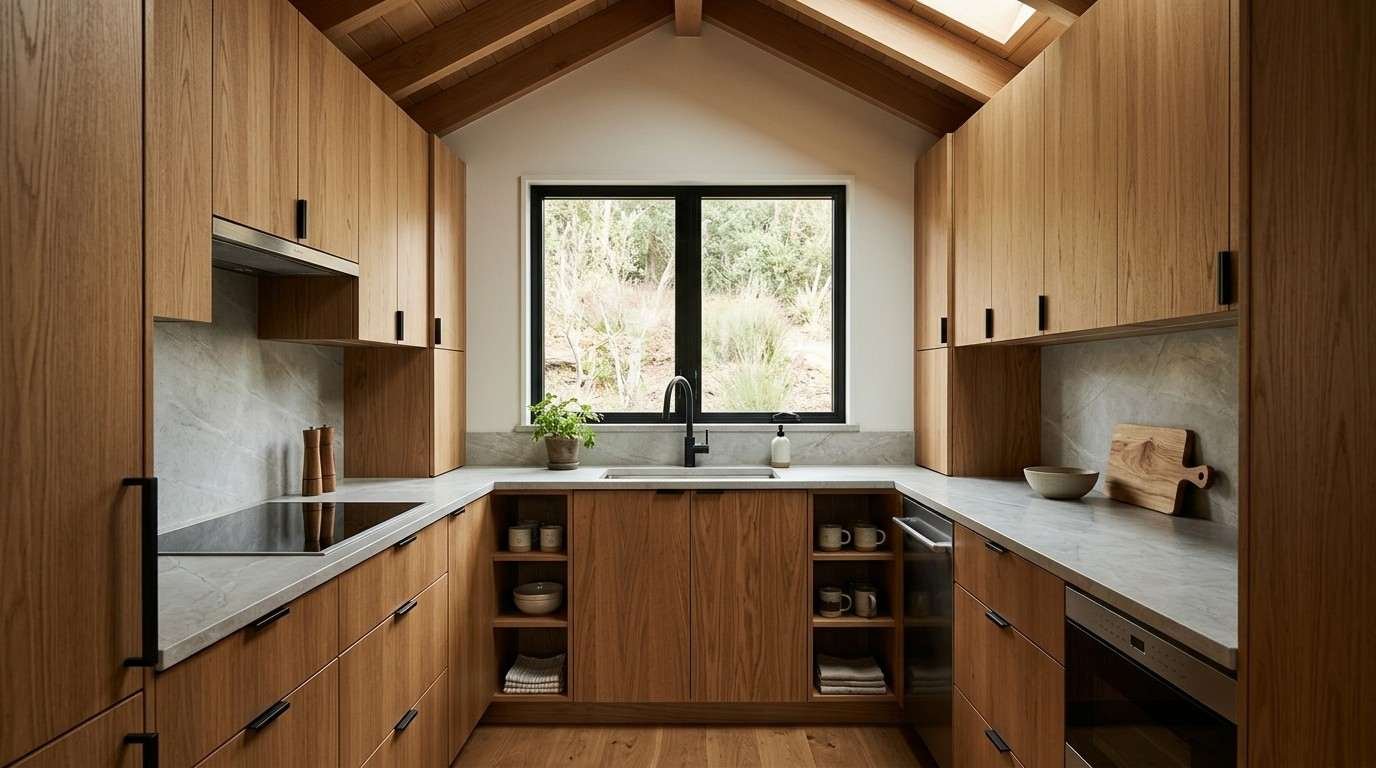 U-Shaped Tiny House Kitchen with Natural Wood Cabinets