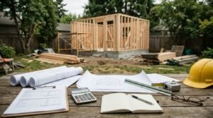 Contractor cost estimate spreadsheet, calculator, and blueprints on wooden table overlooking framed ADU build