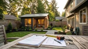Contract document, floor plan blueprints, keys, and tape measure on patio table overlooking completed backyard ADU