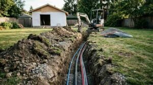 Excavated backyard trench with underground utility conduits and water pipes running to ADU construction site