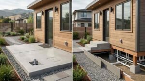 Side-by-side comparison of an ADU entry showing a flush concrete slab with cleanout vs. a raised foundation with concrete steps and exposed crawlspace utility pipes.