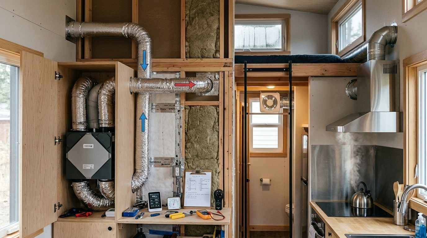 Tiny home ventilation system showing an ERV, bathroom exhaust, externally vented range hood, loft airflow and sealed wall assembly for controlling indoor air quality, humidity and condensation.