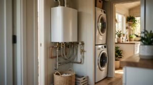 Wall-mounted tankless water heater installed with copper piping next to stacked washer and dryer in a laundry closet