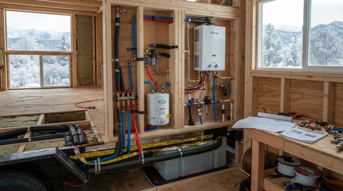 Tiny home water-heating and freeze-protection system showing a propane tankless heater, insulated plumbing, heat tape, tank heating pad and accessible winterization drain-down system.
