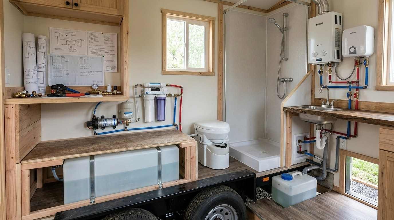 Tiny home bathroom water system showing a freshwater tank, 12V pump, greywater drainage, composting toilet, propane tankless heater and compact plumbing arranged for mobile living.