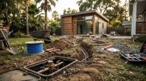 Underground water line installation trench leading to a modern backyard ADU