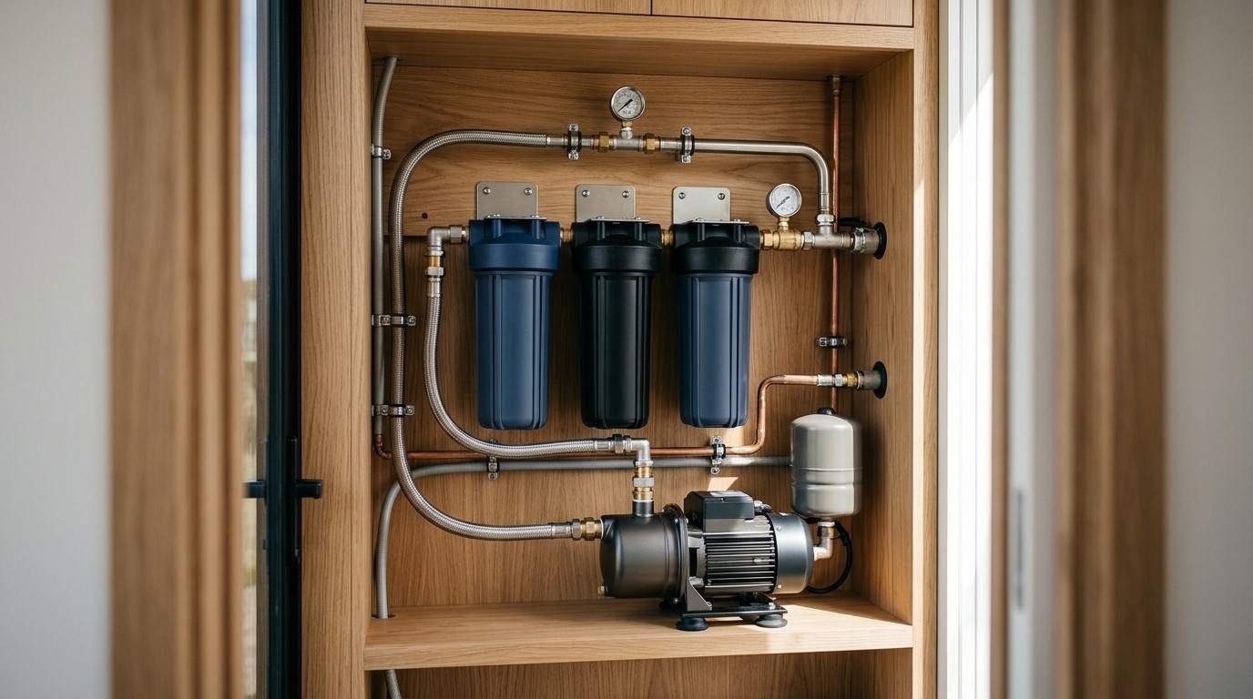 Compact water filtration system inside a tiny home featuring three filter housings, copper and flexible metal pipes, pressure gauges, a water pressure tank, and an electric pump mounted in a wooden utility cabinet.