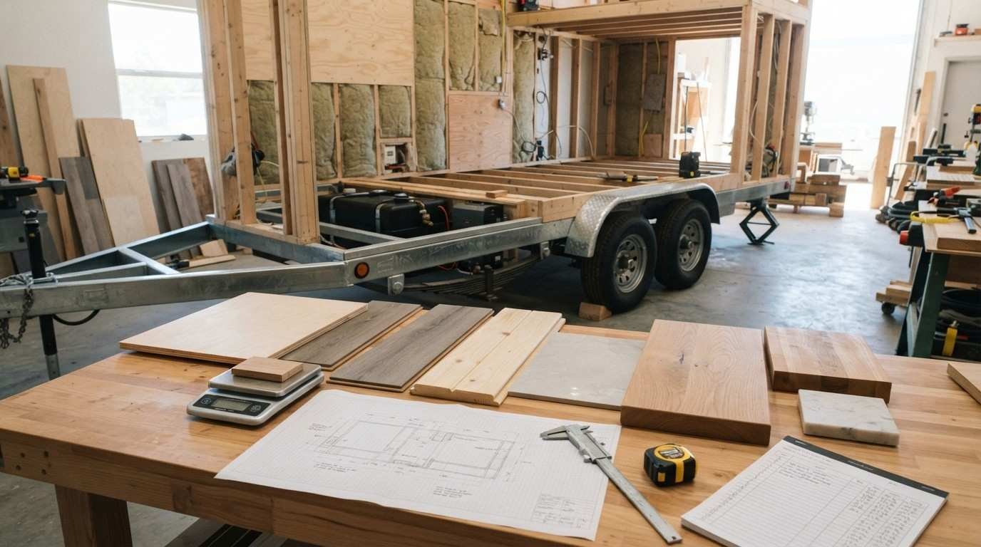 Tiny home weight-planning scene showing lightweight and heavy finish materials, trailer axles, a scale and dense components positioned low and forward to protect payload and towing stability.