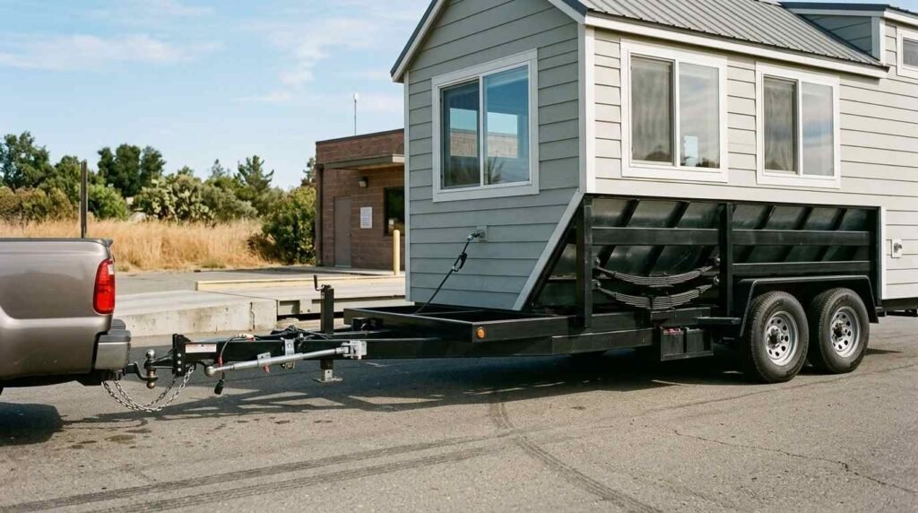 Tiny home on wheels with balanced tandem axles, properly positioned hitch, load-rated tires, secure safety chains, and level towing setup designed for road stability.