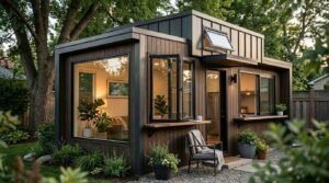 Modern backyard ADU featuring picture window, open bi-fold pass-through window, and rooftop clerestory awning window
