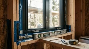 Spirit level resting on framed sill during black window installation with flashing tape