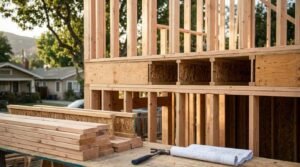 Two-story residential wood frame construction featuring engineered I-joists, timber wall studs, and architectural blueprints