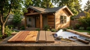 Natural wood and composite siding samples on workbench with blueprint in front of backyard ADU