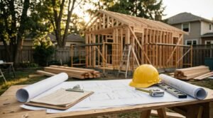 Architectural house plans, clipboard, and yellow hard hat on workbench in front of timber-framed ADU under construction