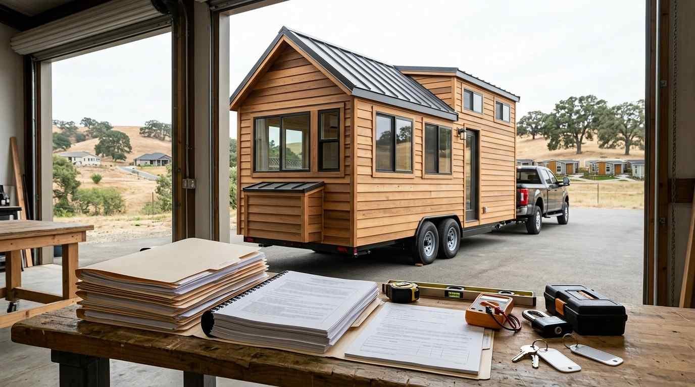 Certified California tiny house on wheels in a professional builder's workshop with compliance documents, construction tools, and site-planning materials representing certification, quality construction, and legal placement.
