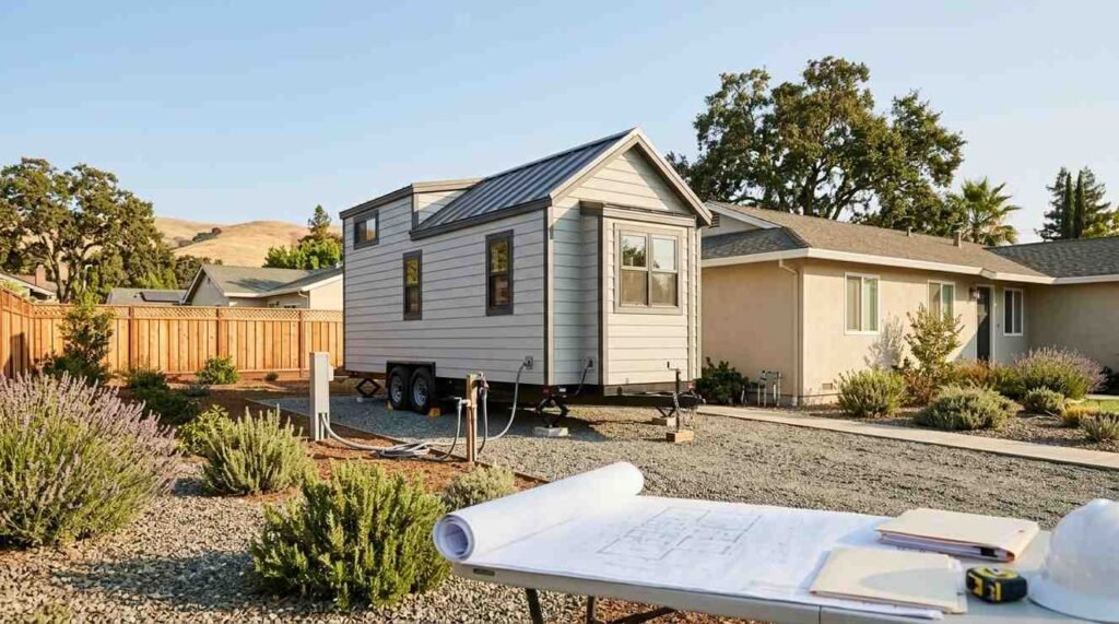 Tiny home on wheels professionally positioned beside a California residence with planned setbacks, permanent utilities, emergency access, fire-resistant landscaping, and site-planning elements illustrating zoning and placement requirements.