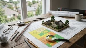 Architectural house plans, zoning map layout, and miniature 3D residential lot model on architect desk
