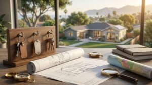 Office desk setup with architectural blueprints, color-coded zoning parcel map, brass compass, magnifying glass, and wooden key rack overlooking a residential home.