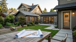 Backyard patio table with unrolled architectural blueprints, scale ruler, and eyeglasses overlooking a detached cottage ADU and an attached ADU addition.