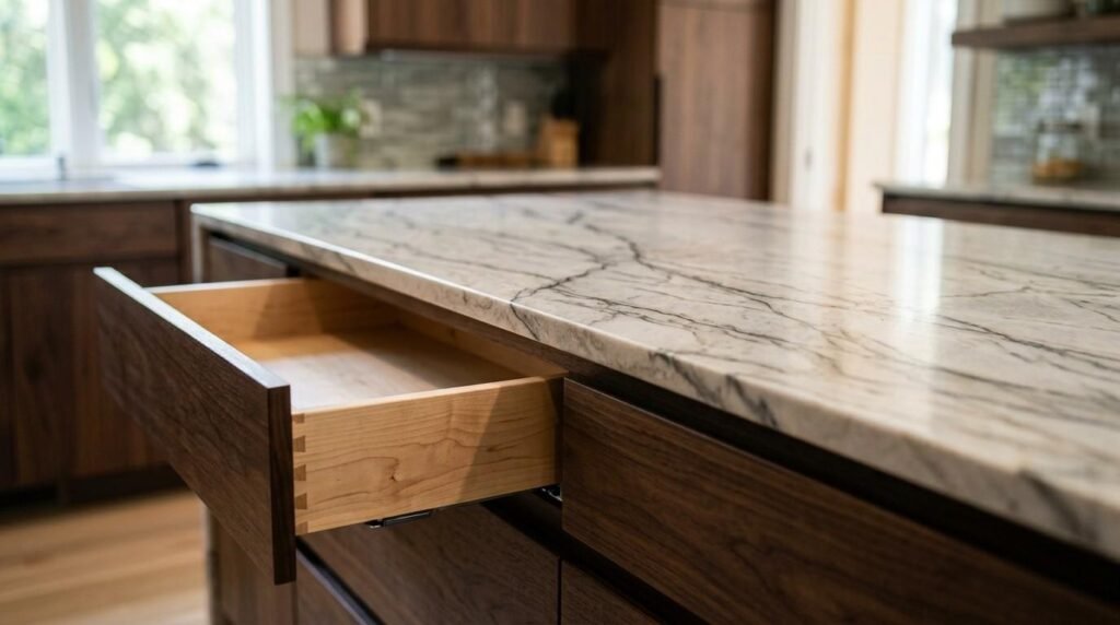 Open solid wood dovetail drawer extended from dark walnut kitchen island cabinets under a veined marble countertop
