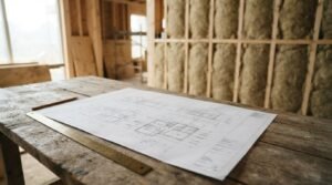 Architectural floor plan blueprint on a wooden worktable with a metal ruler and pencil inside an active house framing construction site with insulation