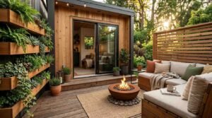 Compact wood patio deck featuring a vertical planter garden wall, round fire pit bowl, outdoor sectional sofa, and horizontal slat privacy screen outside a modern tiny home