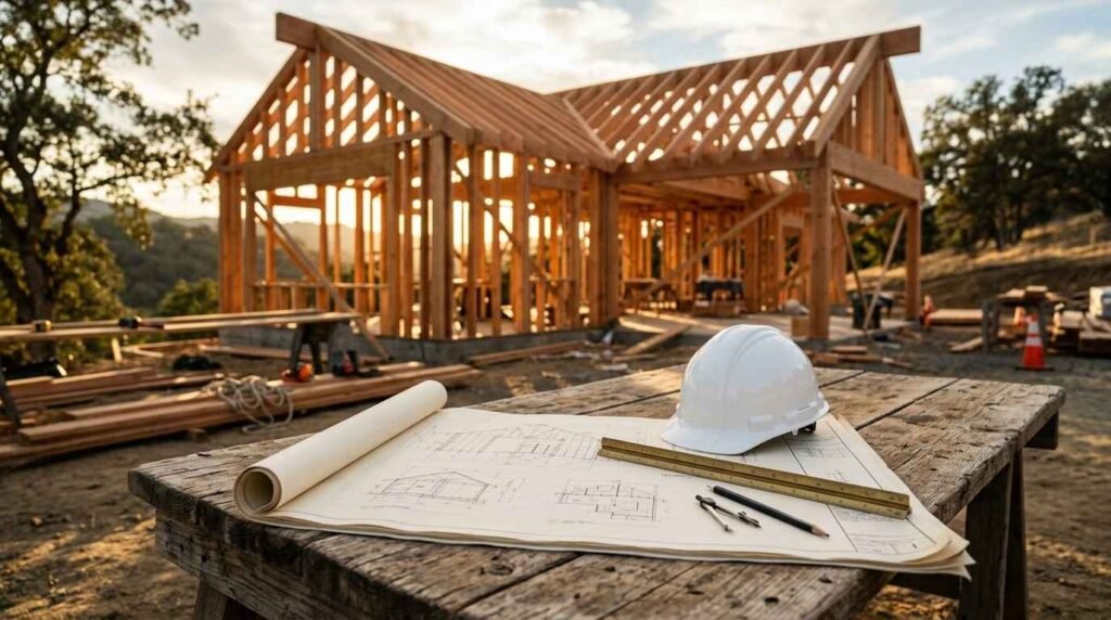 White safety hard hat resting on unrolled architectural blueprints with drafting tools on a wooden worktable in front of a house undergoing timber frame construction