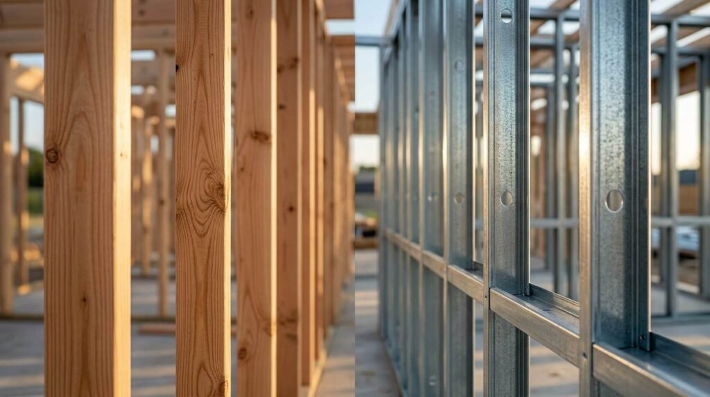 Side-by-side comparison of traditional wooden timber wall studs and modern light-gauge galvanized steel framing studs on a residential construction site.