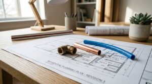 A residential plumbing plan blueprint on an oak desk displayed with a threaded brass elbow fitting, copper pipe section, blue flexible PEX tubing, and an architect's scale ruler