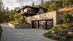 Modern hillside house featuring a concrete retaining wall with an integrated three-car garage and a paved stone driveway