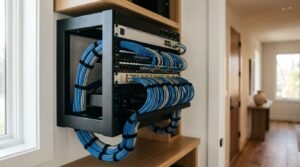 Neatly organized wall-mounted network server rack with blue Ethernet cables, patch panels, and network switches in a modern home corridor
