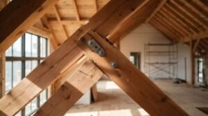 Close-up of heavy timber post-and-beam roof framing joined with heavy-duty metal steel connector plates and bolts