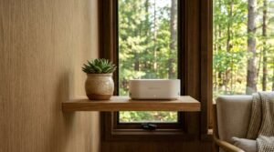 White oak floating shelf with a potted succulent plant and a white Breathe Co air quality monitor in front of a window overlooking a forest