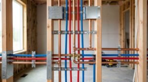 Rough-in plumbing wall assembly showing blue and red PEX lines, copper pipes, brass manifold, and metal nail protection plates on wood wall studs