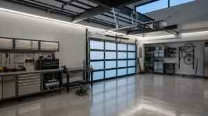 Modern custom garage workshop featuring polished epoxy floors, frosted glass garage door panels, stainless steel tool cabinets, and LED strip ceiling lighting