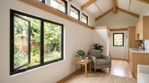 A bright, open-concept tiny home interior featuring black-framed casement windows swung open to a lush garden, vaulted ceilings with exposed wood beams, clerestory transom windows, and a cozy seating area beside a compact kitchenette