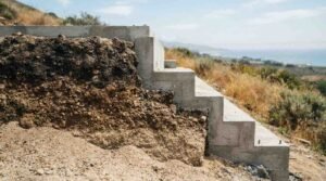 Cross-section view of exposed soil strata layers abutting a stepped concrete foundation wall built on a hillside with an ocean view in the background