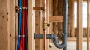 Rough-in plumbing installation showing blue and red PEX water lines, copper supply pipe with a brass ball valve, and grey PVC P-trap drain inside wood wall studs