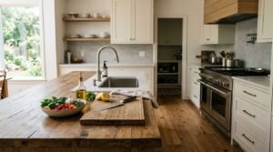 Kitchen island with butcher block countertop, prep knife, cutting board, and fresh ingredients next to an under-mount sink