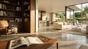 An open-book featuring spatial flow floor plans and a pair of reading glasses resting on a wooden coffee table inside a luxury modern home with polished concrete floors, custom built-in bookshelves, and large glass sliding doors opening to a patio and kitchen.