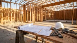 Wooden sawhorses setup on a concrete slab inside a residential home under construction, featuring rolled architectural blueprints, a building permit document, a white hard hat, a speed square, a spirit level, and a hammer.