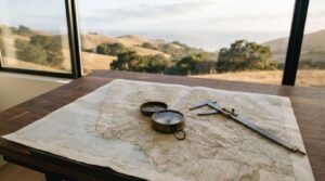Topographic map of a coastal region lying on a wooden drafting desk with an antique brass compass and caliper overlooking rolling coastal hills through large windows