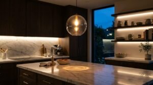 Warm glass globe pendant light casting light onto a marble kitchen island alongside under-cabinet LED strip lighting