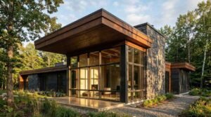 Exterior view of a modern custom home featuring a cantilevered wooden roof, floor-to-ceiling glass windows, and a dark stone accent wall, set against a wooded forest background