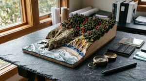 Detailed 3D topographic scale model of a coastal cliff and forest landscape marked with red, yellow, and blue pin flags, alongside a brass compass and material samples on a slate table