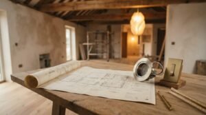 Unrolled architectural lighting plan blueprint displayed on a wooden table alongside a recessed LED downlight fixture, brass light switch sample, and scale ruler inside a home renovation site